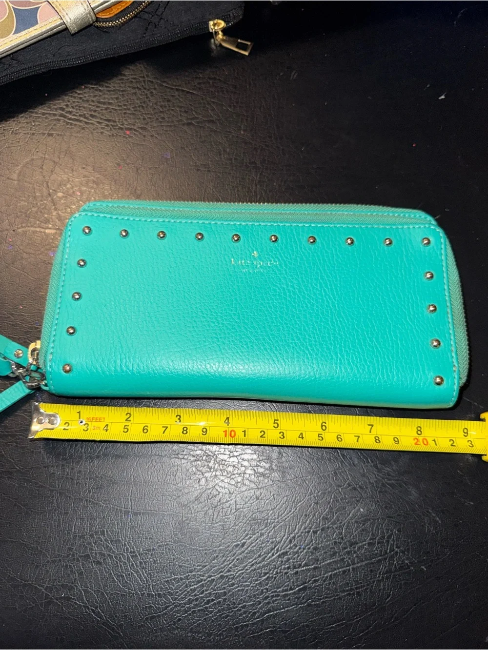 kate spade turquoise zip-around studded wallet